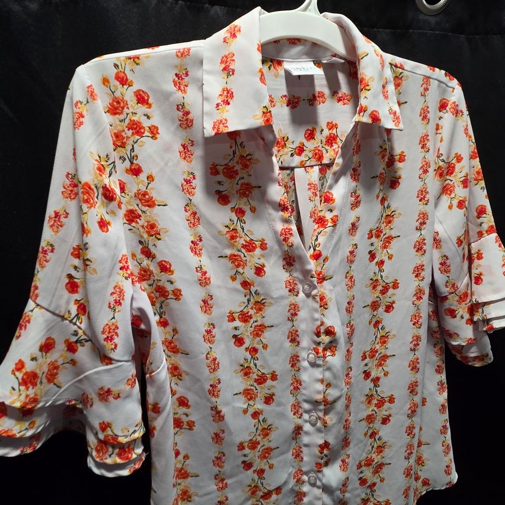 SOHO Romantic Cottagecore Orange Red Floral Ruffle Tiered Sleeve Split Neck SZ L